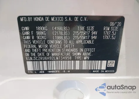 2020 Honda Hr-V Awd Touring z USA, uszkodzony, nr VIN 3CZRU6H92LM734958